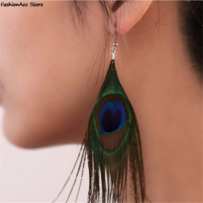 1 Pair Long Design Statement Crystal Peacock Feather Drop Earrings For Women Bijoux