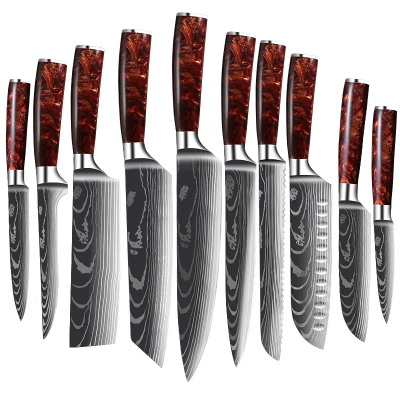 Coltello da cuoco Laser di damasco coltello da Sashimi di salmone giapponese manico in resina rossa coltello da affettare coltello da cucina strumento di cottura
