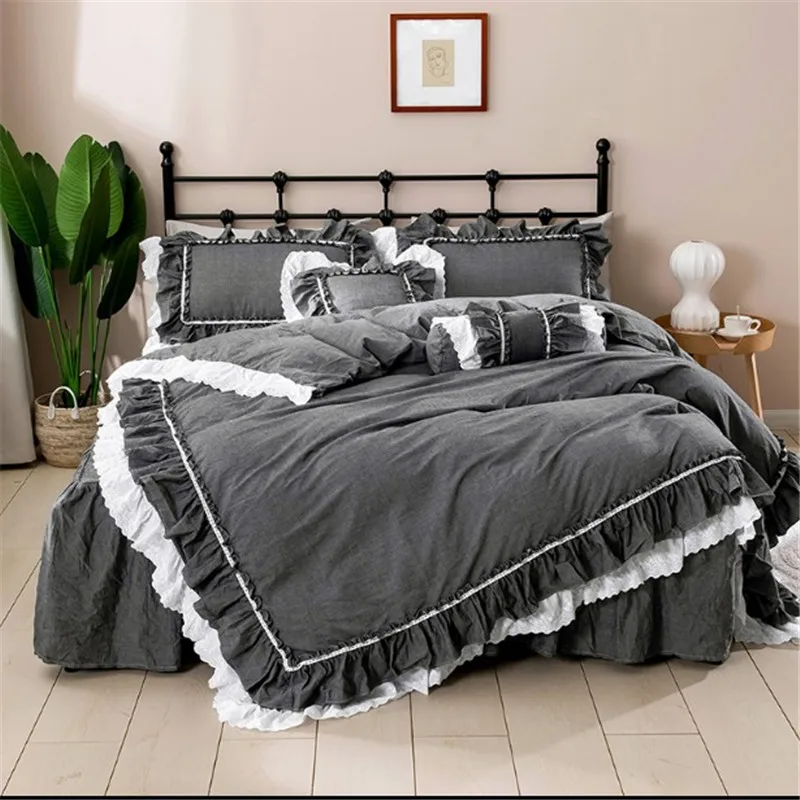 Korean princess dark gray embroidery ruffles skirt bedding set покрывало для кровати pure cotton ropa de cama duvet cover set