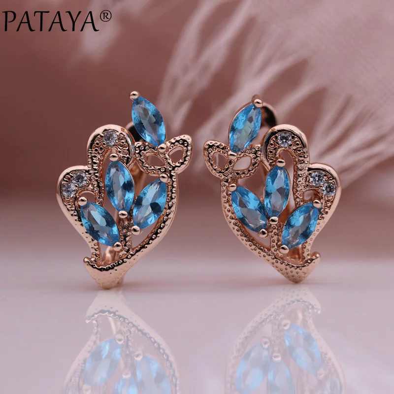 PATAYA New 585 Rose Gold Color Earrings Horse Eye Petal Natural Zircon Dangle Earrings Women Creative Vintage Fashion Jewelry