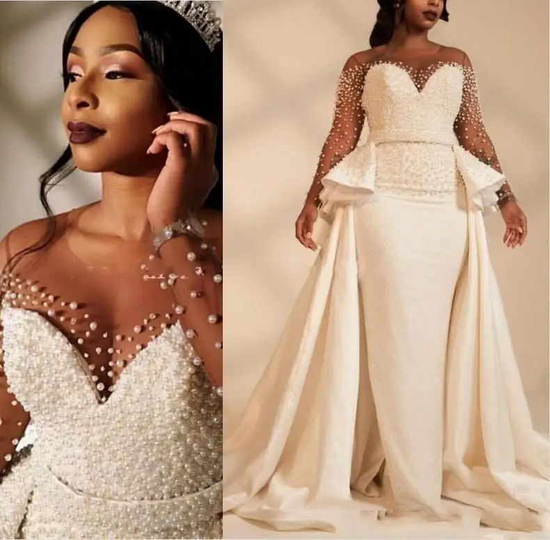 

Pearl Beading Mermaid Wedding Dress South African Black Girls Long Sleeve Country Bride Bridal Gowns Custom Made Plus Size