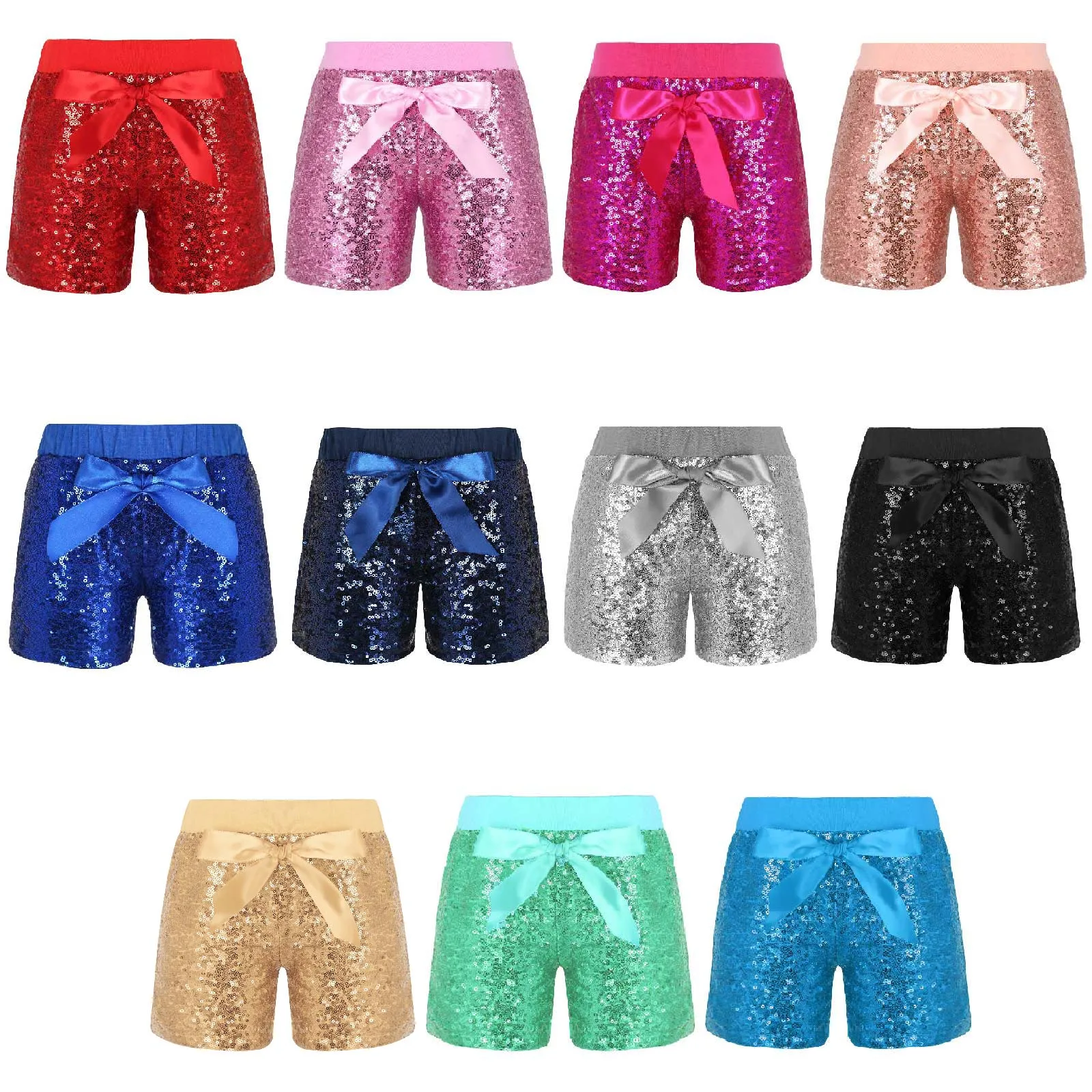 Kids Boys Girls Jazz Dance Shorts Dancewear Princess Bowknot Sparkling Sequins Boxer Shorts for Birthday Party Dressy Costumes