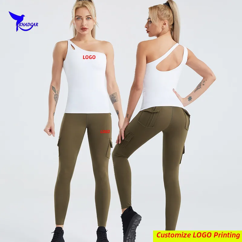 

2 Pcs Built In Bra Tank Tops+Tights Yoga Suit Women Quick Dry Elastic High Waist Sports Gym Fitness Running Sports Suit Custom