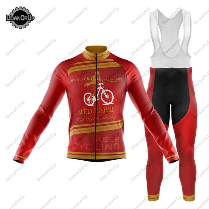 

Johnnie Whisky Red Men's Long Sleeve Cycling Jersey Set 9DGEL Bib Pants MTB Winter/Thin Bicycle Wear Maillot Ciclismo Hombre