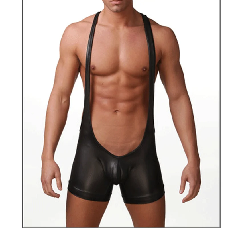 Mens Undershirts PU Leather One-piece Jumpsuits Underwear Bodysuit Vest Wrestling Singlet Leotard Dance Clubwear Sexy Costumes