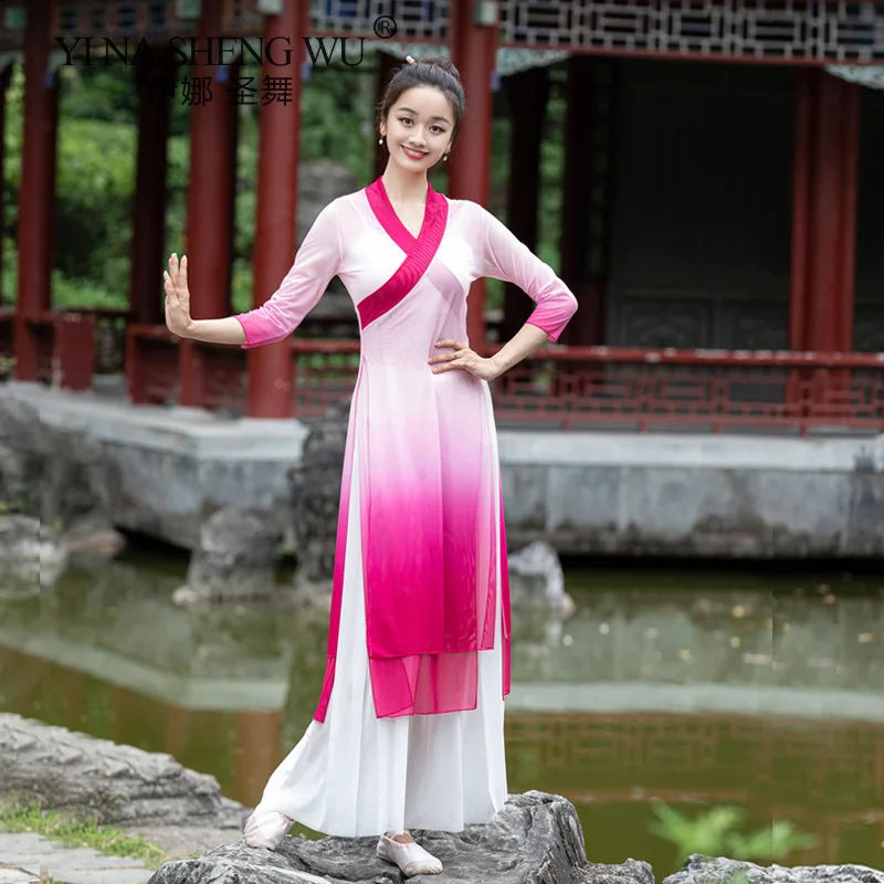 Classical Dance Costume One Piece Flowing Dress Cheongsam Design Gradient Color Light Weight Lrregular Top Performance Blouse