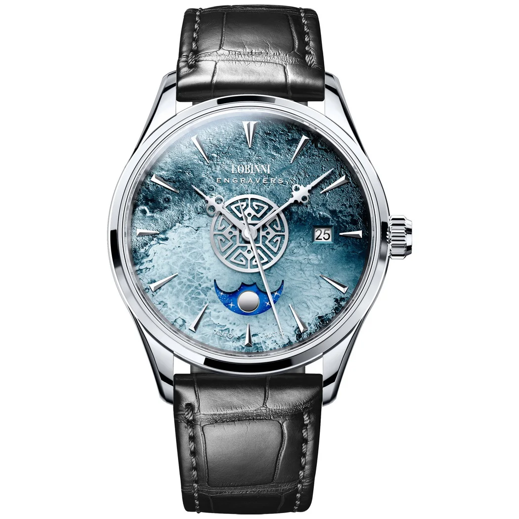 Imagem -02 - Lobinni Relógios Automáticos Masculinos de Luxo Relógio Mecânico Relógio de Pulso à Prova Impermeável Água Safira Espelho Pulseira de Couro Sol-lua Dial