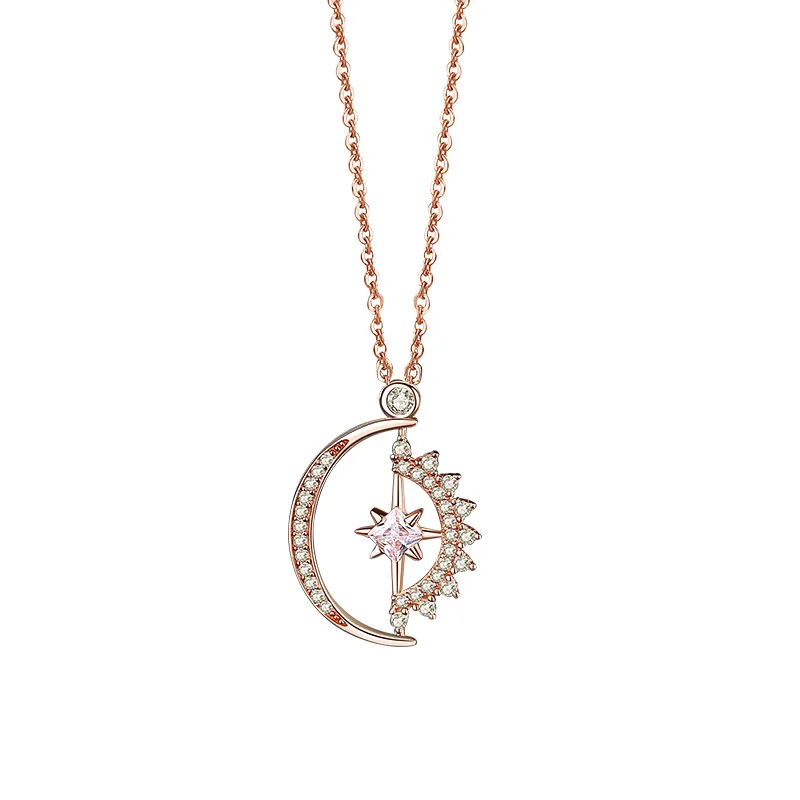 925 Sterling Silver Sun Moon Star Necklace Female Creative Geometric Pendant Korean Clavicle Chain For Women