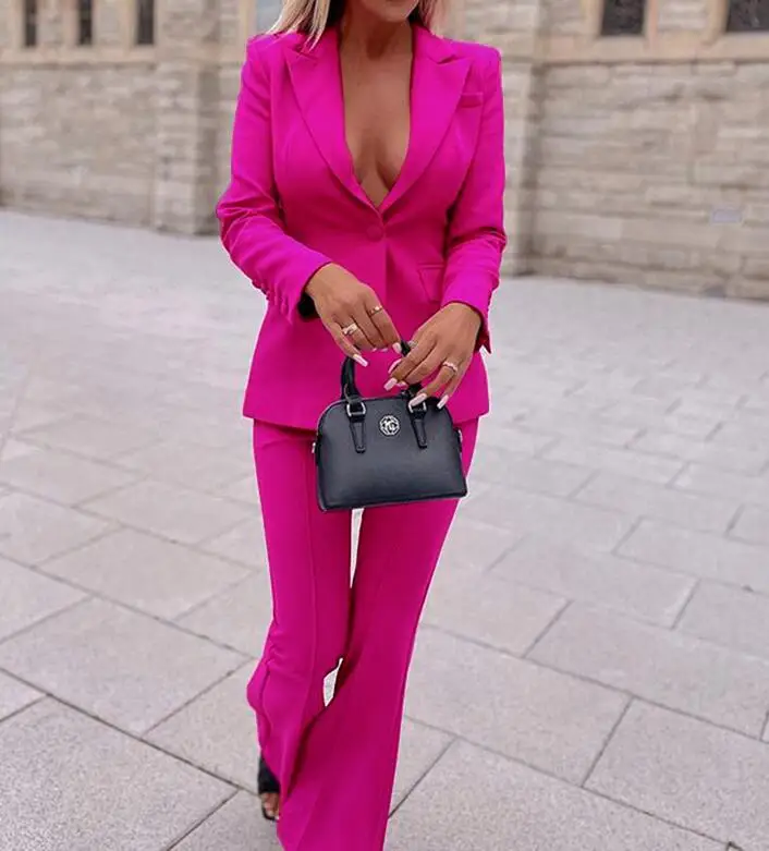 Tesco Fuchsia Women Pantsuits Autumn Blazer+ Wide Zipper Long Pants Officer Lady Trousers Suits Sets 2 Piece For Women