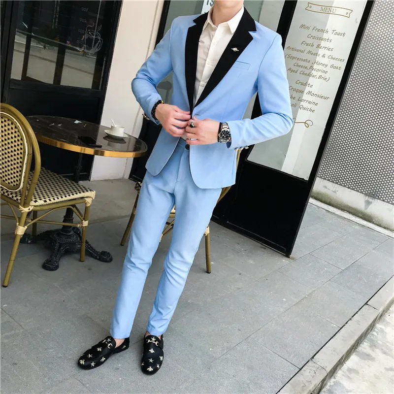 Summer Pink Mens Suits Light Blue Wedding Dress Suits for young mens Social Club Outfits Smoking Blazers Set 2 pcs Black White