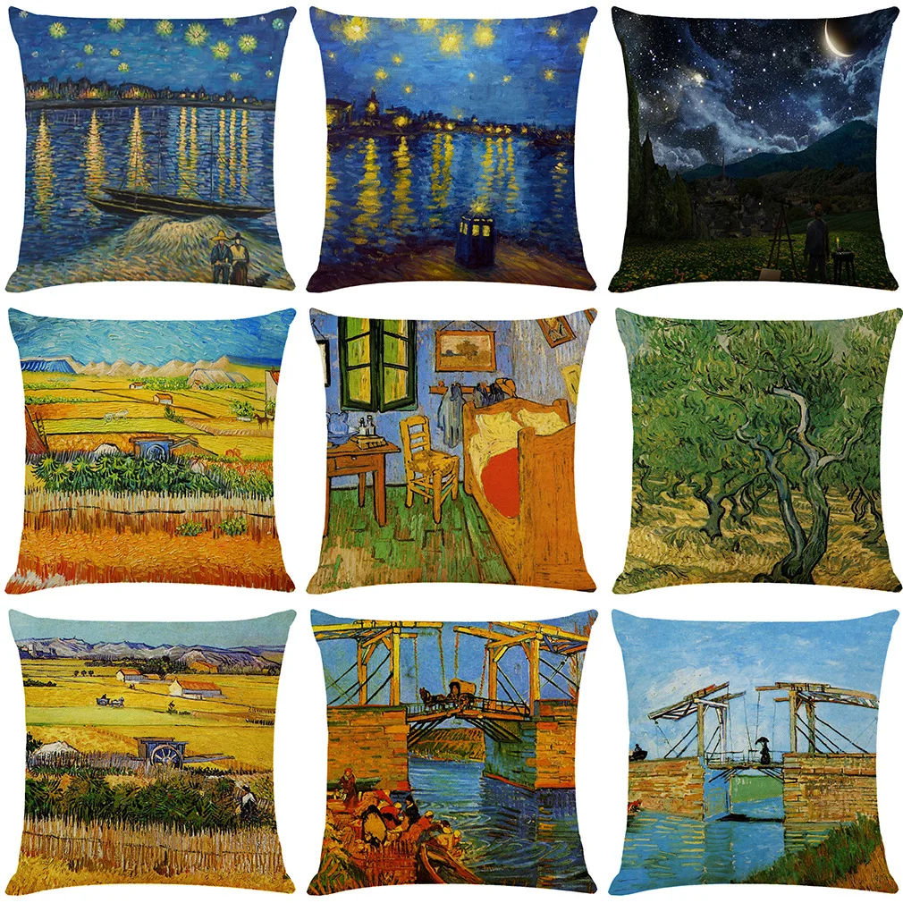 Van Gogh Starry Sky Linen Pillow Cover Case Nordic Oil Painting Cushion Decorative Home Decoration Sofa Cushion