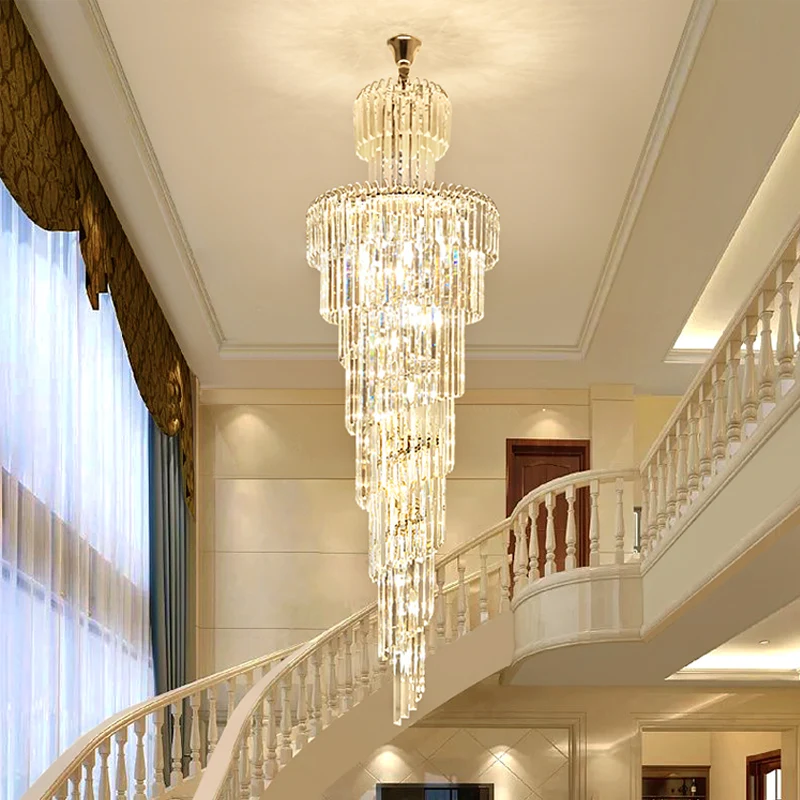 

New Design Large Decorative High Ceilings Living Room Chrome Pendant Lamp Spiral Stair Lng Modern Luxury Crystal Chandelier