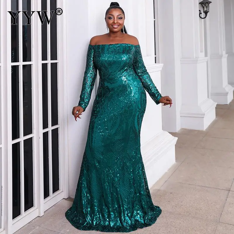 Sequin Green Evening Dresses High Waist One Piece Dress Large Hem Design Solid Green Off Shoulder Boat Neck Luxury Party Dresses