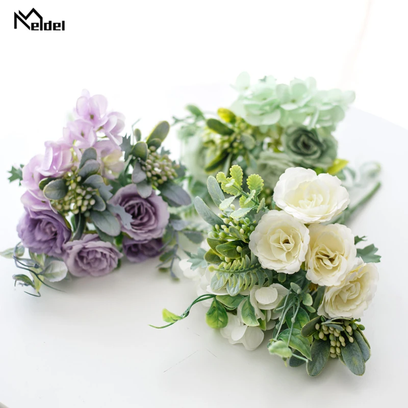 Meldel MINI Bouquet ผ้าไหมกุหลาบประดิษฐ์ดอกไม้ปลอมไฮเดรนเยีย DIY ดอกไม้สีม่วงงานแต่งงานตกแต่งตาราง