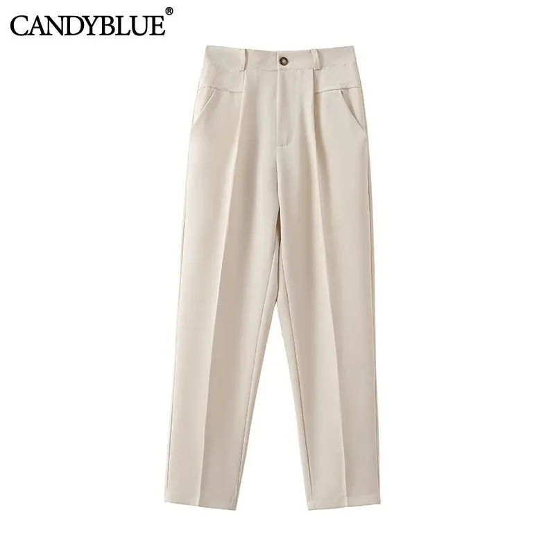 Korean casual pants women candyblue 2022 spring and summer new loose solid color elastic high waist nine-point cigarette pants