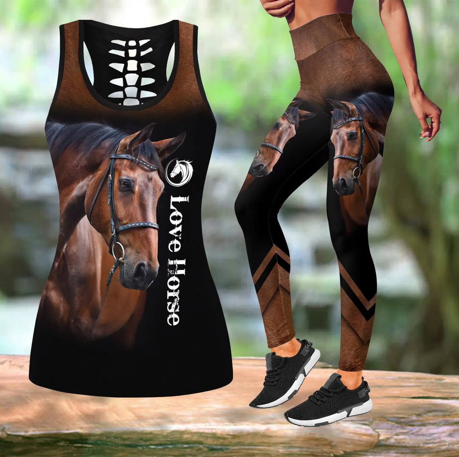 Beautiful Love Horse 3D All Over Printed Hollow Tank Top & Leggings Set Fitness Female Full Length Leggings Running Pants DDK76