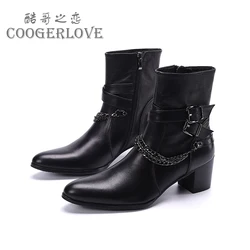 Autumn And Winter Pointed High heels Men's boots Tie a chain Rivet Belt buckle Thick heel Genuine Leather Thick heeled boots