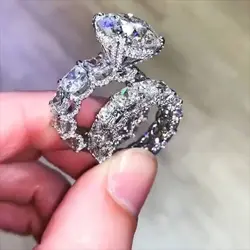 Brand New Luxury Jewelry 925 Sterling Silver Couple Rings Large White Topaz CZ Diamond Gemstones Women Wedding Bridal Ring Set