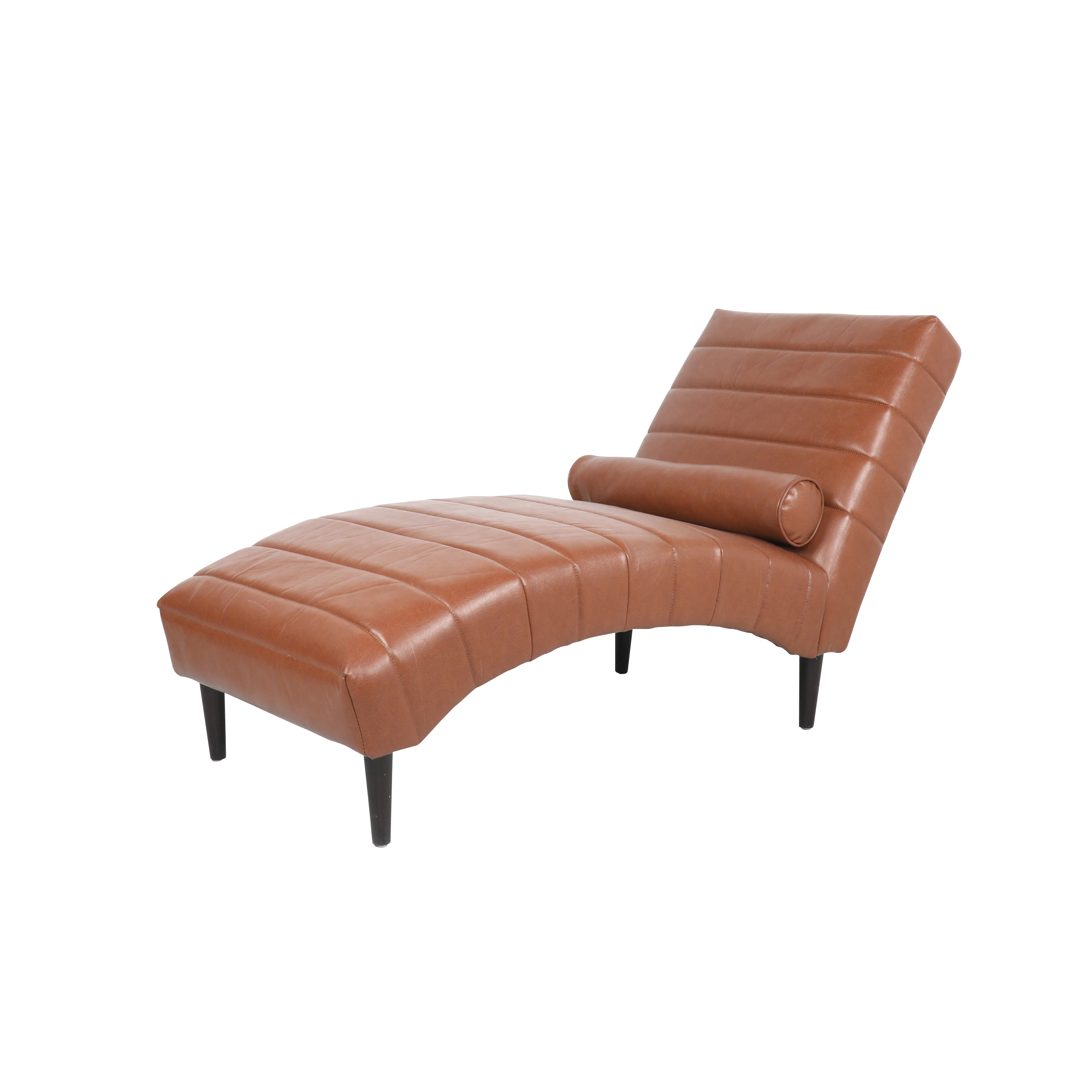 Faux Leather Armless Chaise Lounge Channel Stitching with Lumbar Pillow Brown/Cognac Chaise Lounge Chair[US-Depot]