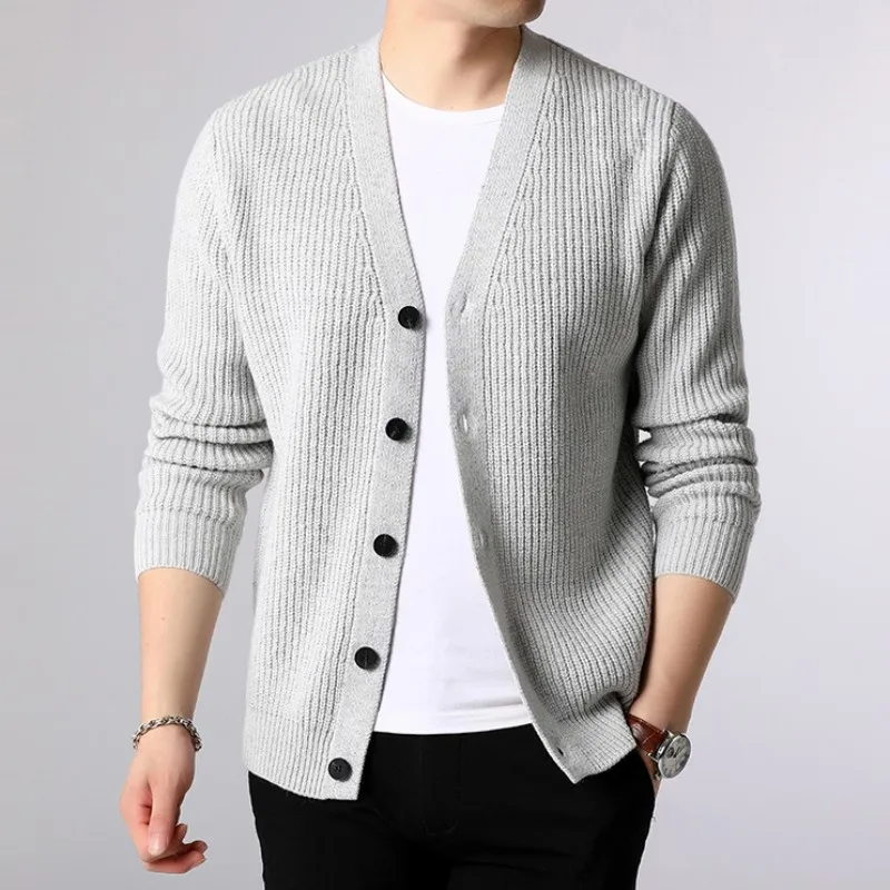 Mens V คอเดี่ยว Breasted เสื้อสเวตเตอร์ถักแขนยาวสบายๆถัก Outwear เสื้อสี SLIM FIT Man เสื้อถัก TOP cardigans