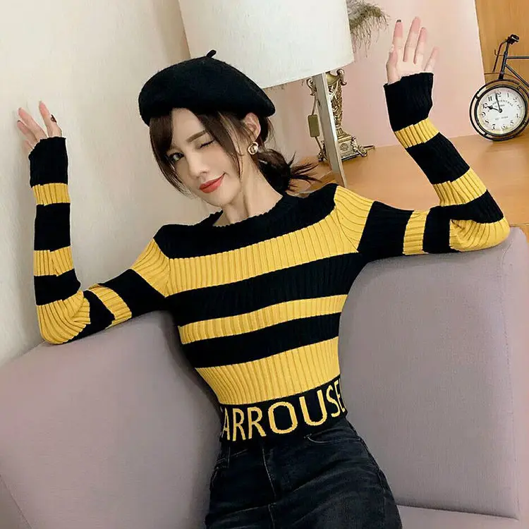 

Striped Sweater Women's Top Tight Slim-Fit Jumper Woman Sweaters Femme Chandails Pull Hiver