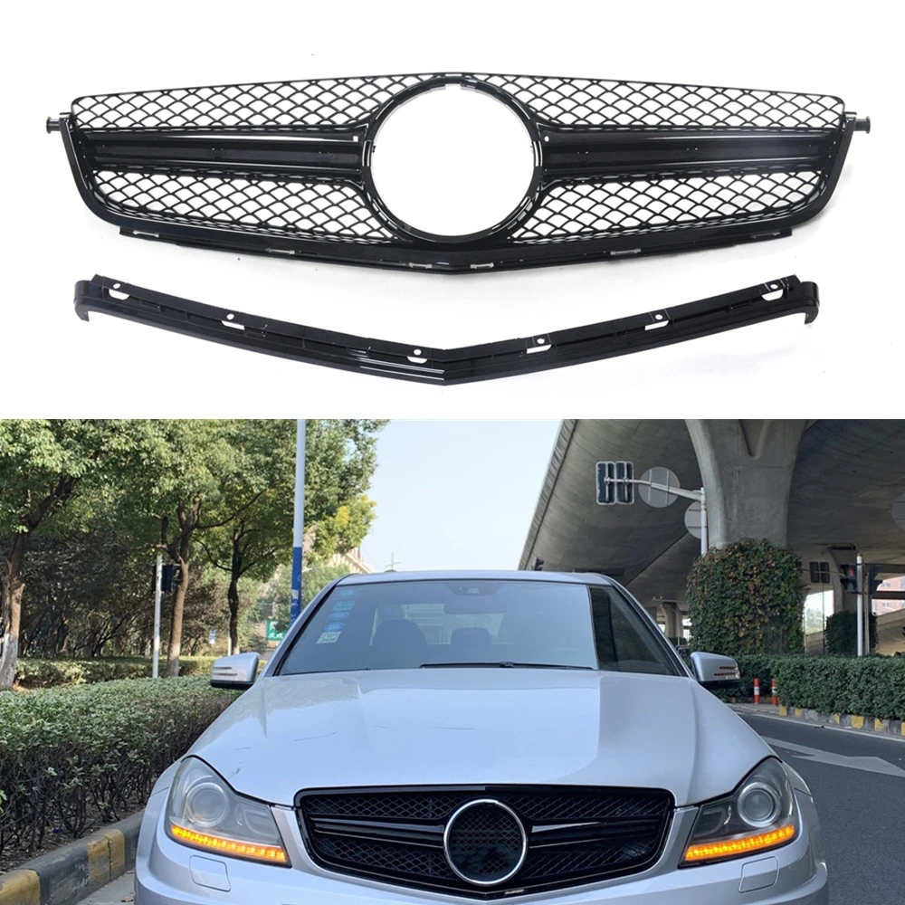 Grill Front Grille For Mercedes-Benz C63 AMG Only 2012-2014 With Frame Cover Trim Overlay Black Car Upper Bumper Hood Mesh Grid