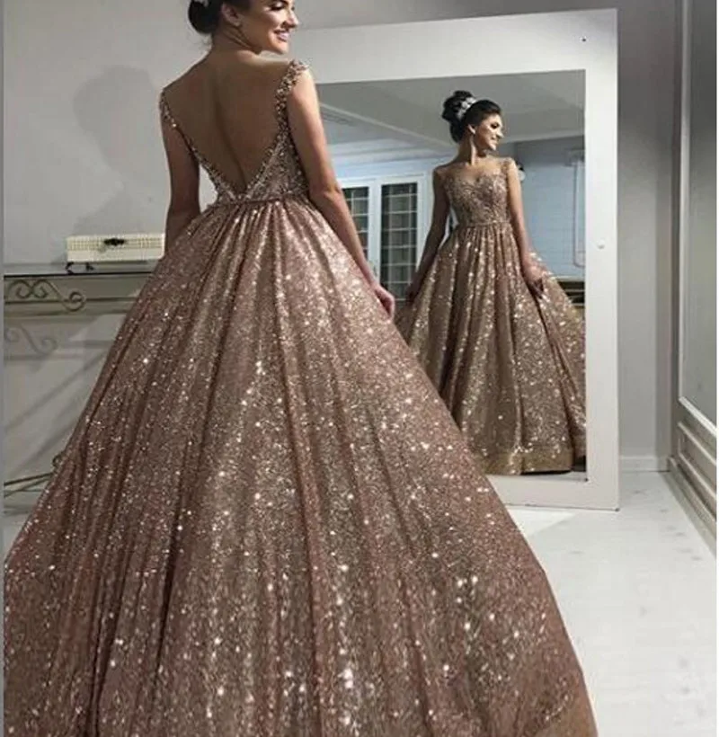 Moderne Rose Gold Afrikaanse Reflecterende Quinceanera Jurken Kralen Backless Lovertjes Prom Formele Toga Sparkly 15 Jaar Vestidos