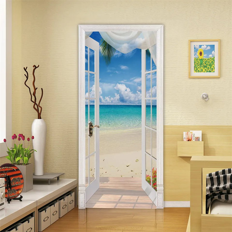 Beach Sun Self-adhesive Door Wallpaper 3D PVC Home Design Decoration Sticker Porte Scenery Poster Mural Wall Decals deursticker