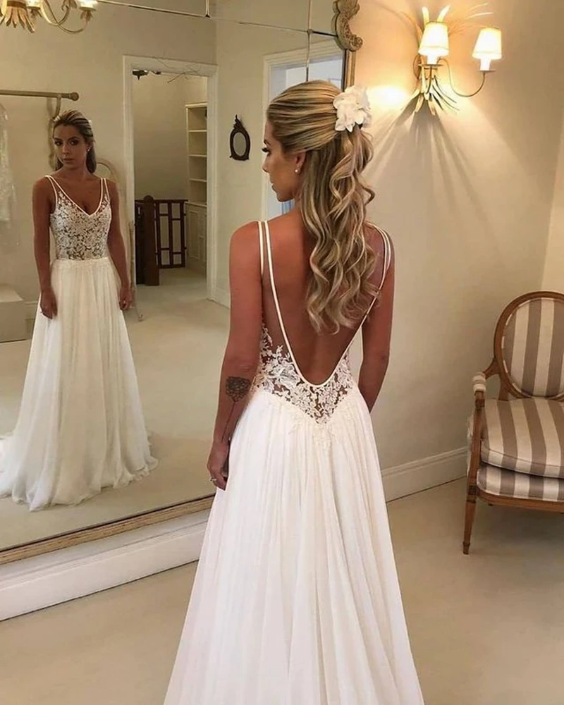 

Angelsbridep V-Neck Tulle Wedding Dress 2021 Boho Lace Appliques A-Line Bridal Gown Vestido De Novia Open Back Robe De Mariée