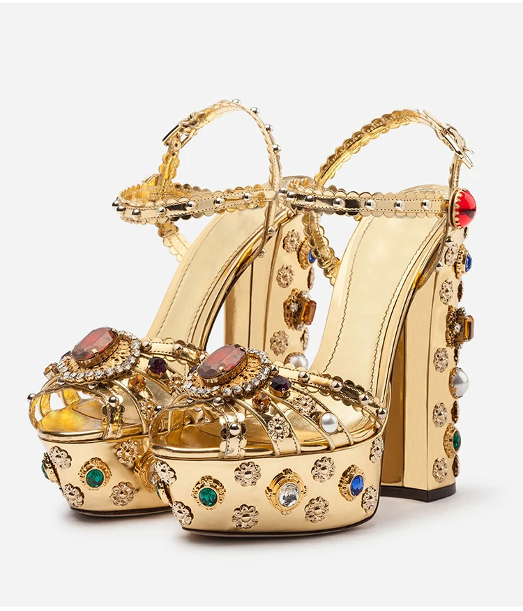 

Luxury Gold Metallic Leather Chunky Heel Sandals Muti Gemstone Jewel Studded Square Heels High Platform Rhinestone Summer Sandal