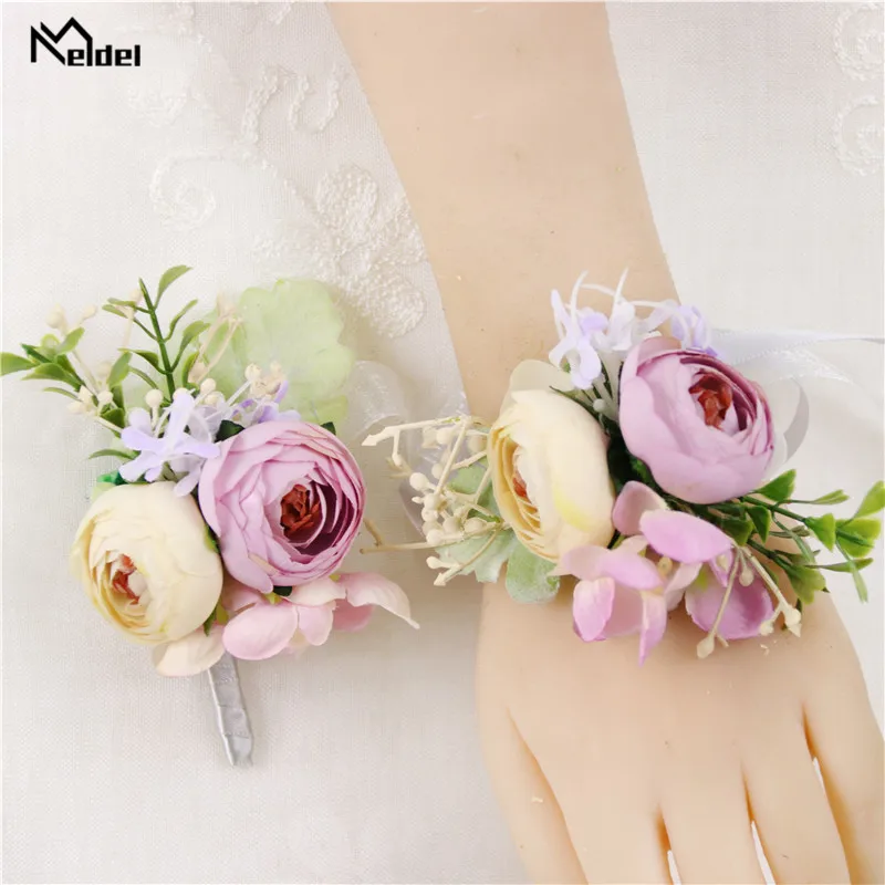 Meldel Chú Rể Boutonniere Hoa Cưới Lụa Hoa Hồng Phù Dâu Cổ Tay Corsages Cưới Vòng Tay Hoa Xòe Phù Hợp Với Chân Trang Trí