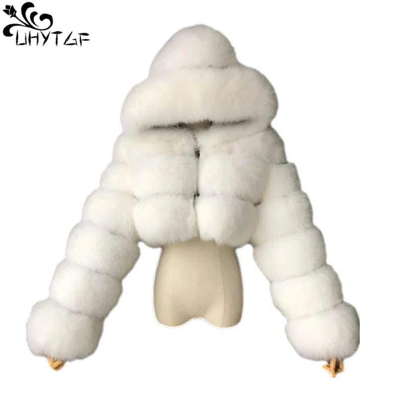 

UHYTGF Winter Fur Coat Women Outerwear Short Hooded Faux Fur Coat Patchwork Imitation Fox Hair Coat Female manteau Femme 940