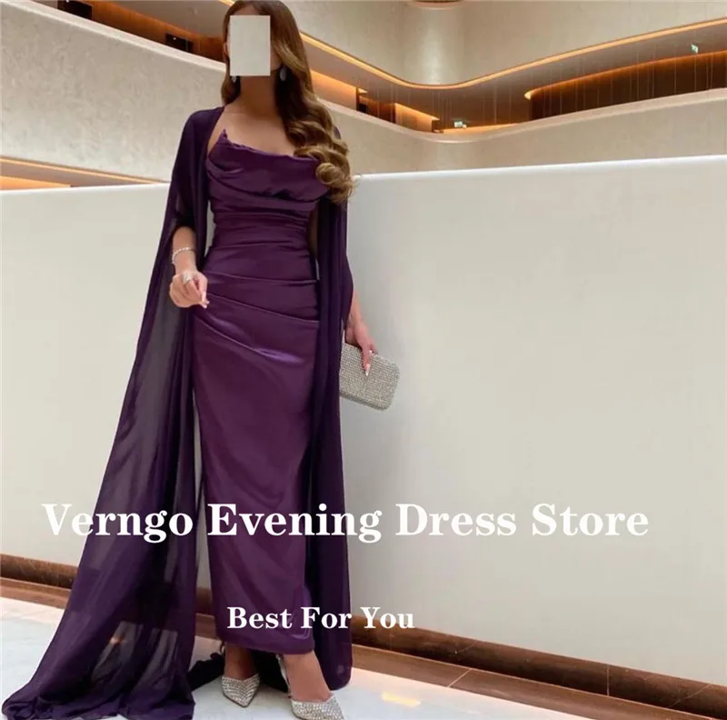 Verngo elegante escuro roxo seda vestidos de noite com manga longa cabo strapless tornozelo comprimento formal vestido de baile feminino ocasião