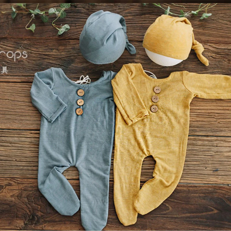 Newborn Photography Props Button Overalls Pants Baby Photo Shoot Romper Outfit Hat Accessories Bebe Shooting Boy Clothes Set