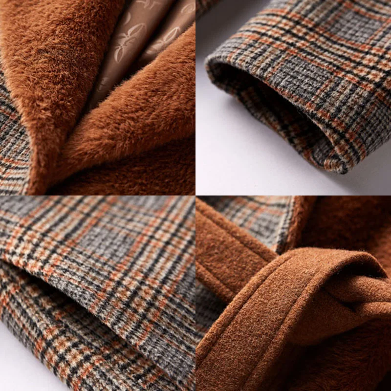 ARTKA 2019 Winter New Women Woolen Coat Vintage Plaid Woolen Fake Marten Hair Thicken Coat Warm Long Outwear With Belt FA10098D