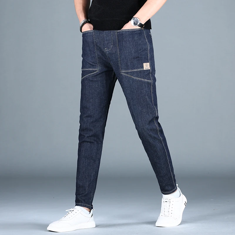 

Fashion Summer Blue Jeans Men Korean Style Slim Fit Pencil Pants Patchwork Stretch Denim Trousers