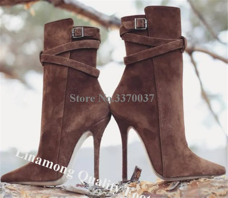 Linamong Quality Pointed Toe Suede Stiletto Heel Short Boots Brown Ankle Straps Buckles High Heel Ankle Booties Party Dress Heel