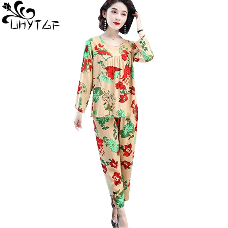 UHYTGF Summer 2 piece set pijamas women fashion printed pullover soft cotton silk pajamas home clothes for women big size 1434