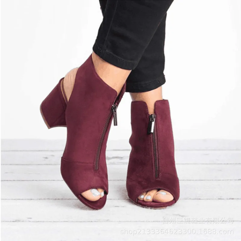 

Fashion Ankle Boots Faux Suede Size 36-42 Leather Casual Open Peep Toe High Heels Zipper Square Rubber Black Women Shoes 2019