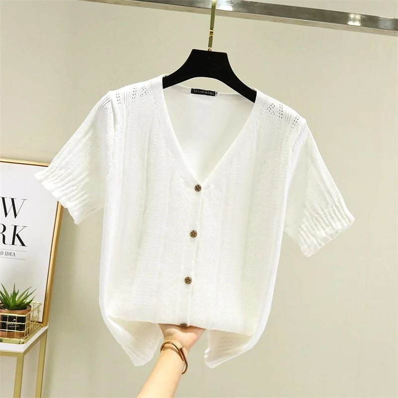 4XL 2024 Summer Cardigan Single Breasted Black White Short Women short Sleeve Loose Caridgan Female Knitted Jacket Women