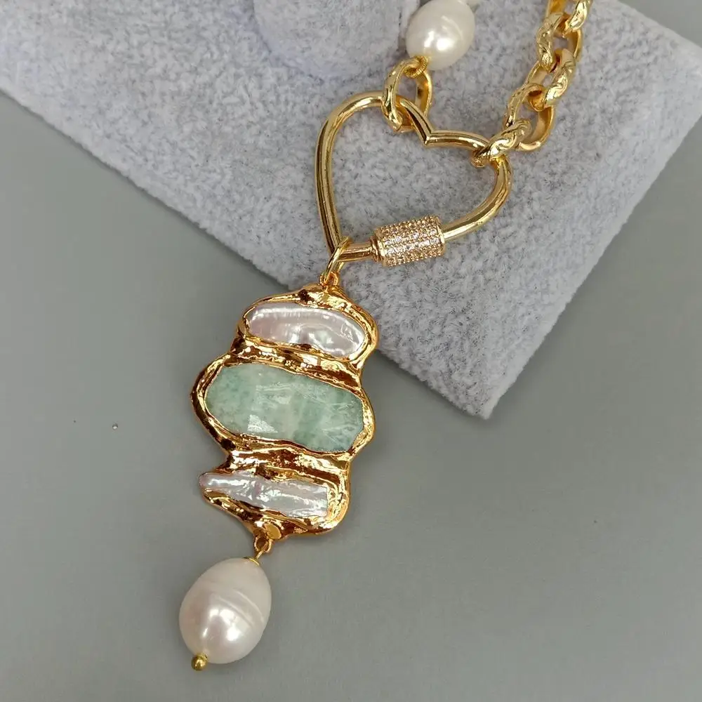 

natural white biwa freshwater pearl Amazonite Pendant White Rice freshwater Pearl Gold color Plated Chain statement Necklace 19"