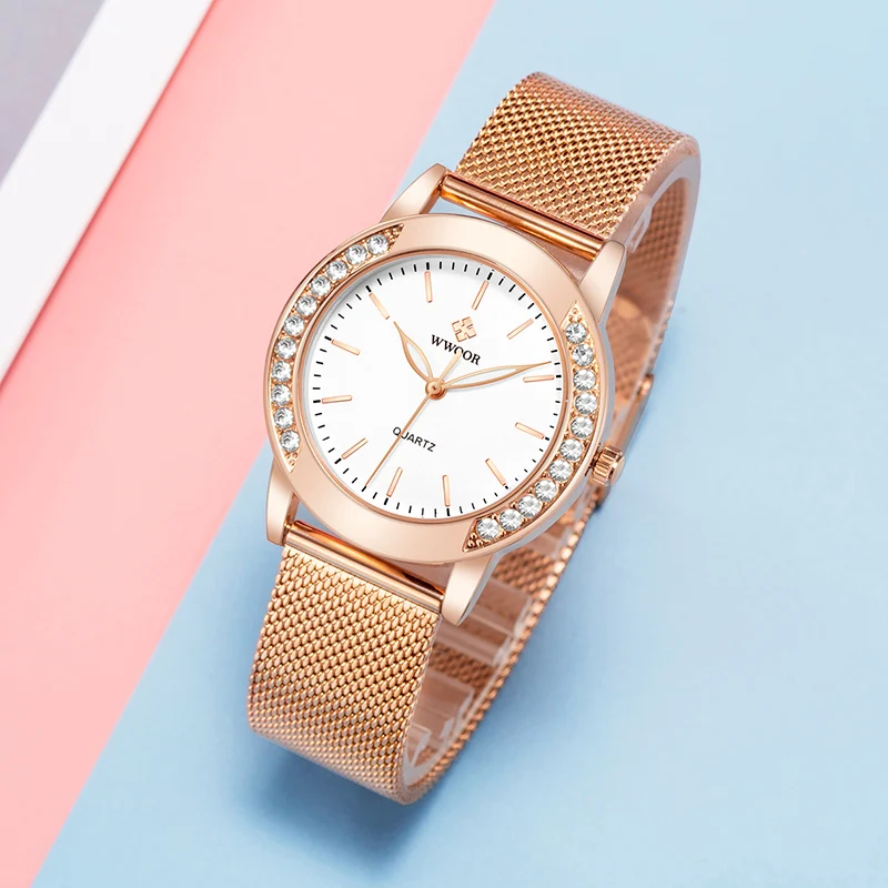 WWOOR-relojes de lujo de oro rosa para Mujer, a la moda Reloj de pulsera con diamantes, vestido informal, malla de acero