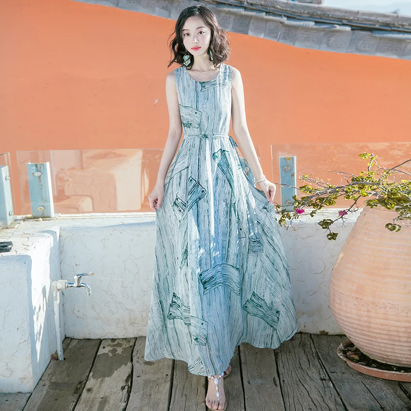 

Long Summer Dress Women Beach Party Dress Chiffon Print Dresses Slim Sleeveless Clothes Vestidos De Fiesta 2020 LWL1651