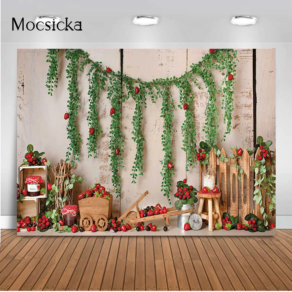 Newborn Kids Portrait Backdrop for Photography Studio Strawberry Theme Birthday Party Decorations Supplies Green Leaves Props