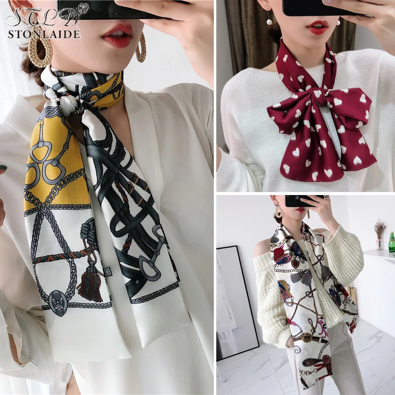 New Japanese Scarf Fashionable Clean Chain Flowers Printed Imitation Silk Long Scarves For Women Neckerchief Hair Scarf 15X145CM