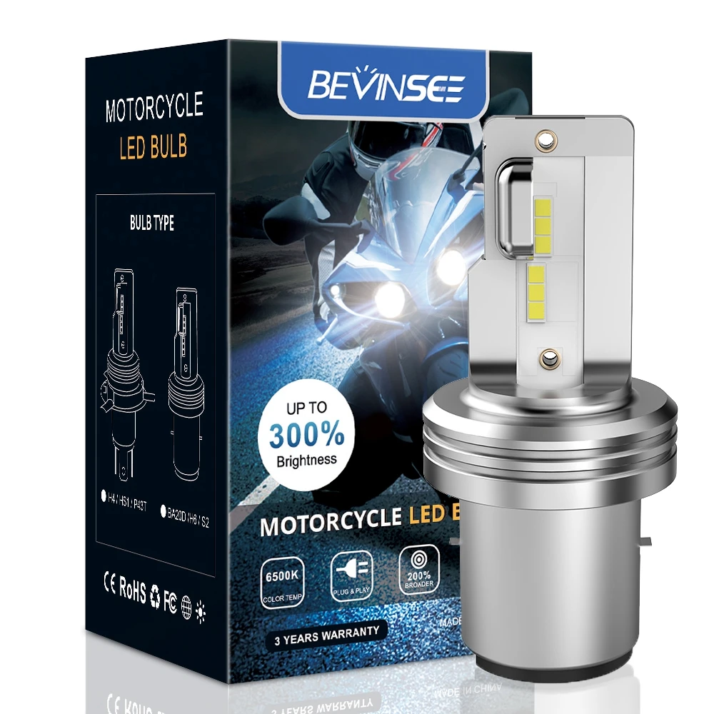 オートバイのヘッドライト用LED電球,BEVINSEE-H4 Ba20d,6000k,12v,ハイ/ロービーム,atv,utv,1個/2個