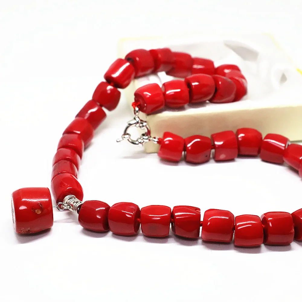 

Red natural coral irregular 11*15mm tube barrel beads necklace 13*18mm fashion pendant top quality chain 18inch B1505