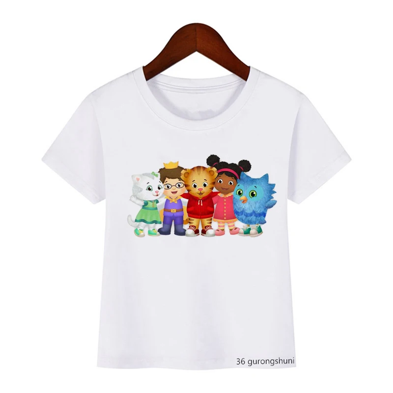 T-shirt imprimé dessin animé pour garçons et filles, chemises pour enfants Harajuku, mignon, quartier de Daniel Tiger, été, bleu, vente en gros, nouveau