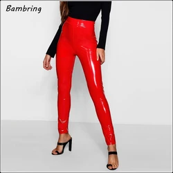 Black Latex Leather Pants Women Sexy Red Stretch Seamless Leggings Office Lady Fashion High Waist Trousers Faux Pu Casual Custom