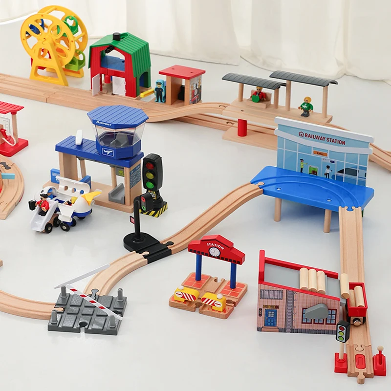 Beech Wooden Train Track Parts Roadblock Gas Station Wood Tracks Accessories Fit For Wooden Railway Tracks Rode Toys For Kid NEW